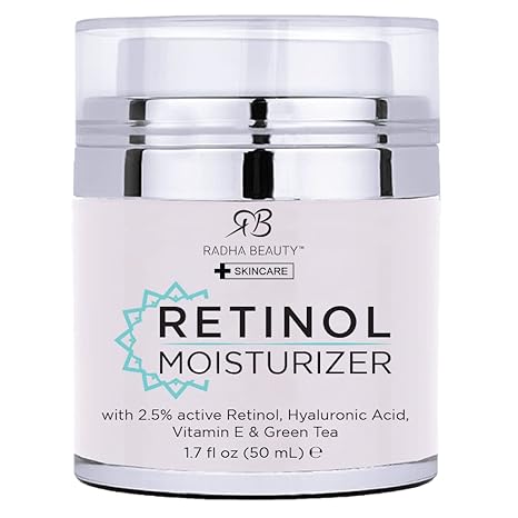 Radha Beauty Moisturizing Miracle Retinol Cream for Face - with 2.5% Retinol, Hyaluronic Acid, Vitamin E and Green Tea. Luxury Night and Day Cream 1.7 fl oz.